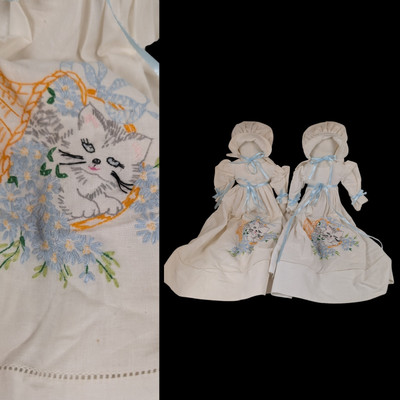 Vtg 2 Dolls Embroidery Kitten Cat Doll Dress Soft Cloth Cotton No Face Amish 20''