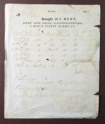 1844 J. Bent Boot & Shoe Manufacturer 3 Beech Street Barbican Rechnung