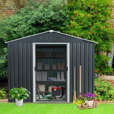 8ftx10ft Outdoor Black Metal Storage Shed with Meatl Foundation & Punched Vents