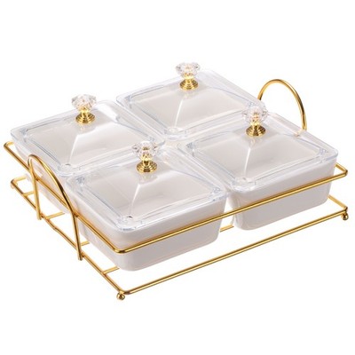 Set of 4 Ceramic Bowl Set with Lids and Metal Tray, White
