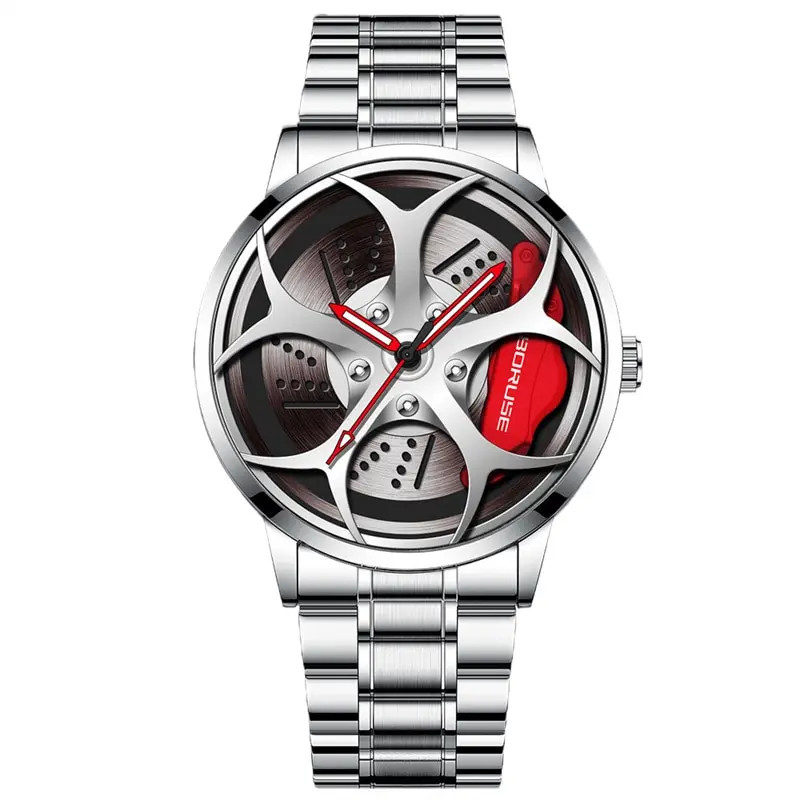 Luxury Men's Sports Waterproof Quartz Watch with Stainless Steel Wheel Design