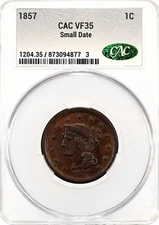 1857 Small Date  1C Liberty Head Large Cent CAC VF35