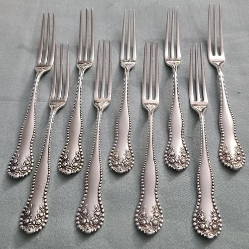 Set of 9 antique Gorham Lancaster sterling silver strawberry / berry forks