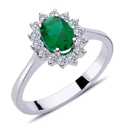 Vintage Style Diamant Oval Smaragd Entourage Ring 14 Karat Weißgold R50242 - Bild 1 von 4