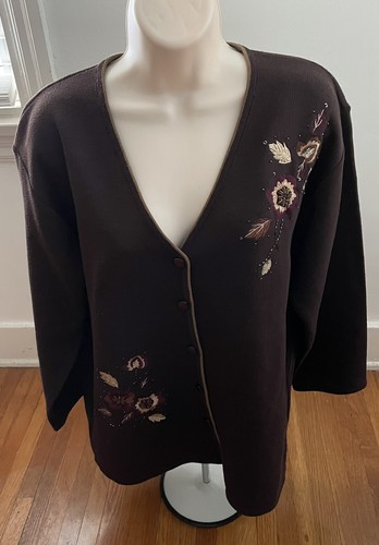 Xiaosa Fushi Womens Brown Wool Blend Embroidered Beaded Cardigan Jumper 