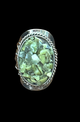 Spirit of Nature Ring- Oval -green agate chip beads-silver tone-adjustable