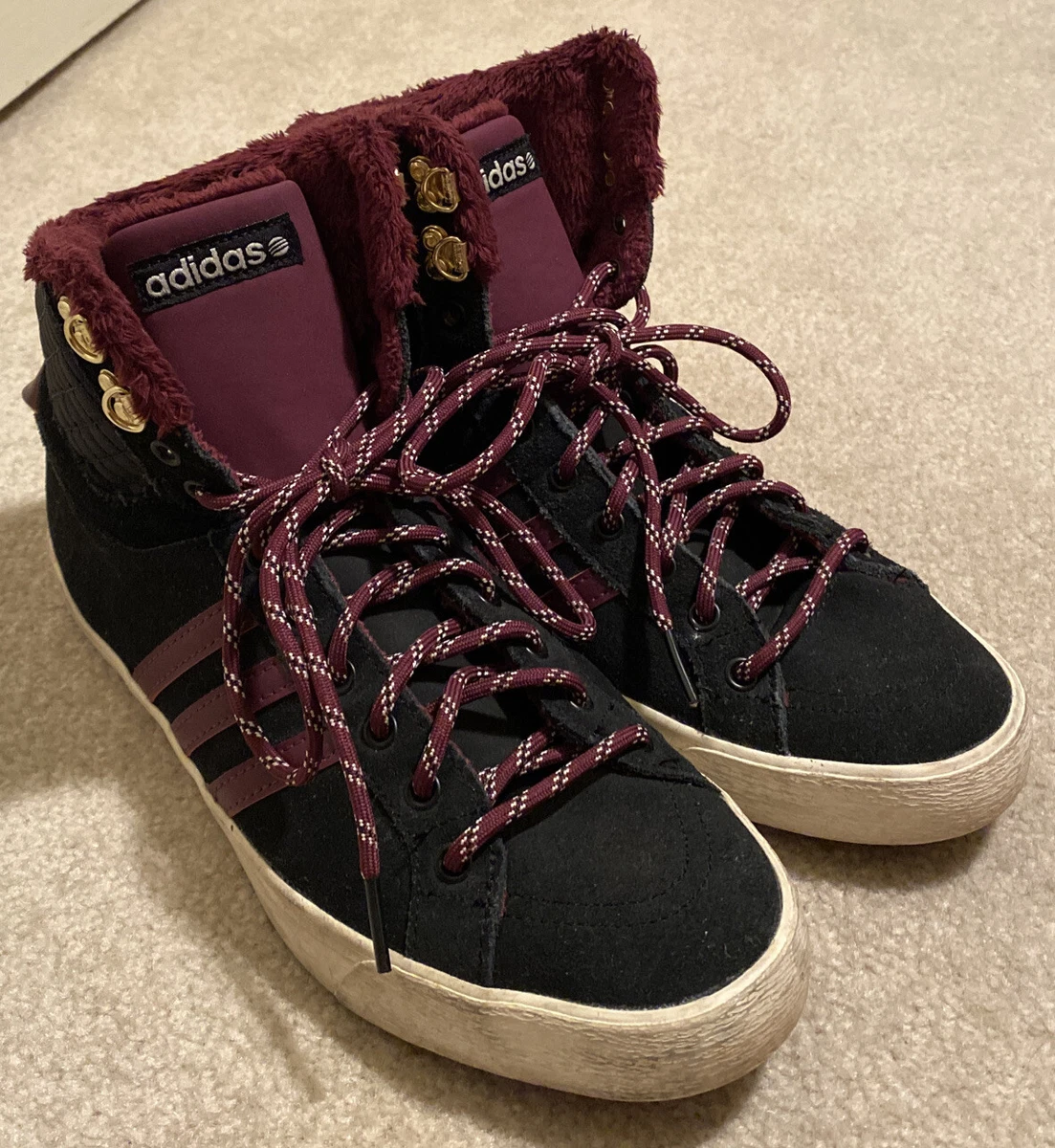 Adidas Neo Black Maroon High Top Sneakers Women's 8.5 Faux Fur Lining | eBay