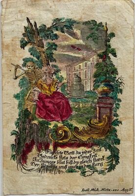 1730 MEMENTO MORI seltene Andachtskarte von Johann Michael Motz, handbunt