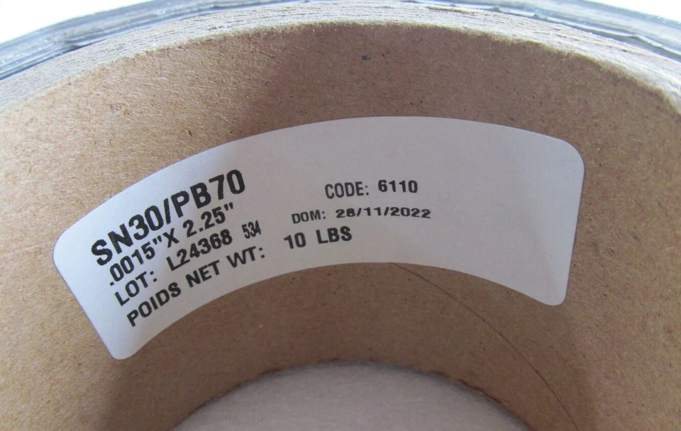 РУЛОН ЛЕНТЫ AIM SOLDER 10 ФУНТОВ SN30/PB70 0,0015 x 2,25 дюйма 10-ФУНТОВ СПЛАВ ЛИСТВЫ С ОДНИМ ВЫРЕЗОМ - Изображение 3 из 4