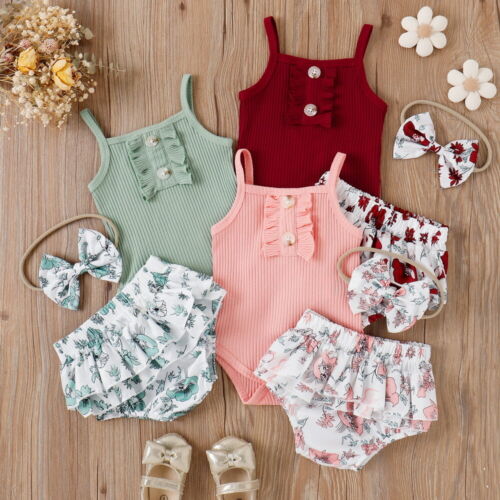 3PCS Infant Baby Girls Ribbed Tops+Ruffle Frill Shorts+Headband Outfits Set US