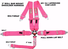 HOT PINK SAFETY HARNESS SFI 16.1 5 POINT ROLL BAR MOUNT 3" RACING CAM LOCK BELT