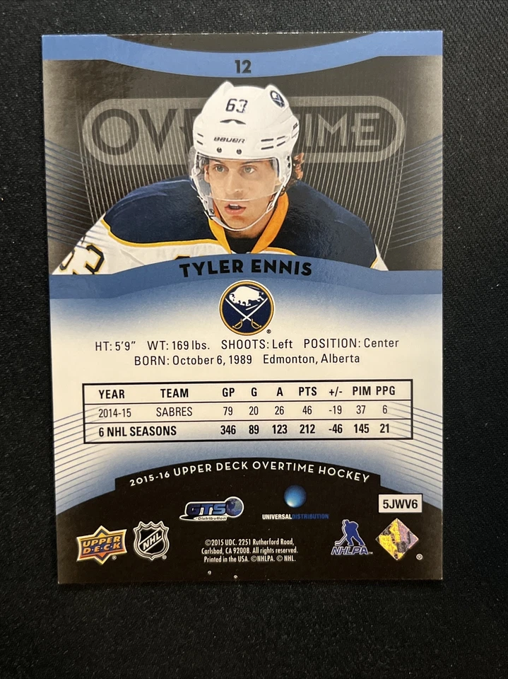 15-16 UD Overtime Hockey Blue Foil Parallel 12 Tyler Ennis - Image 2 of 2