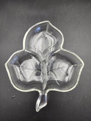 Hazel Atlas Clear Three Section Glass Leaf Candy Nut Bowl or Trinket Dish VTG