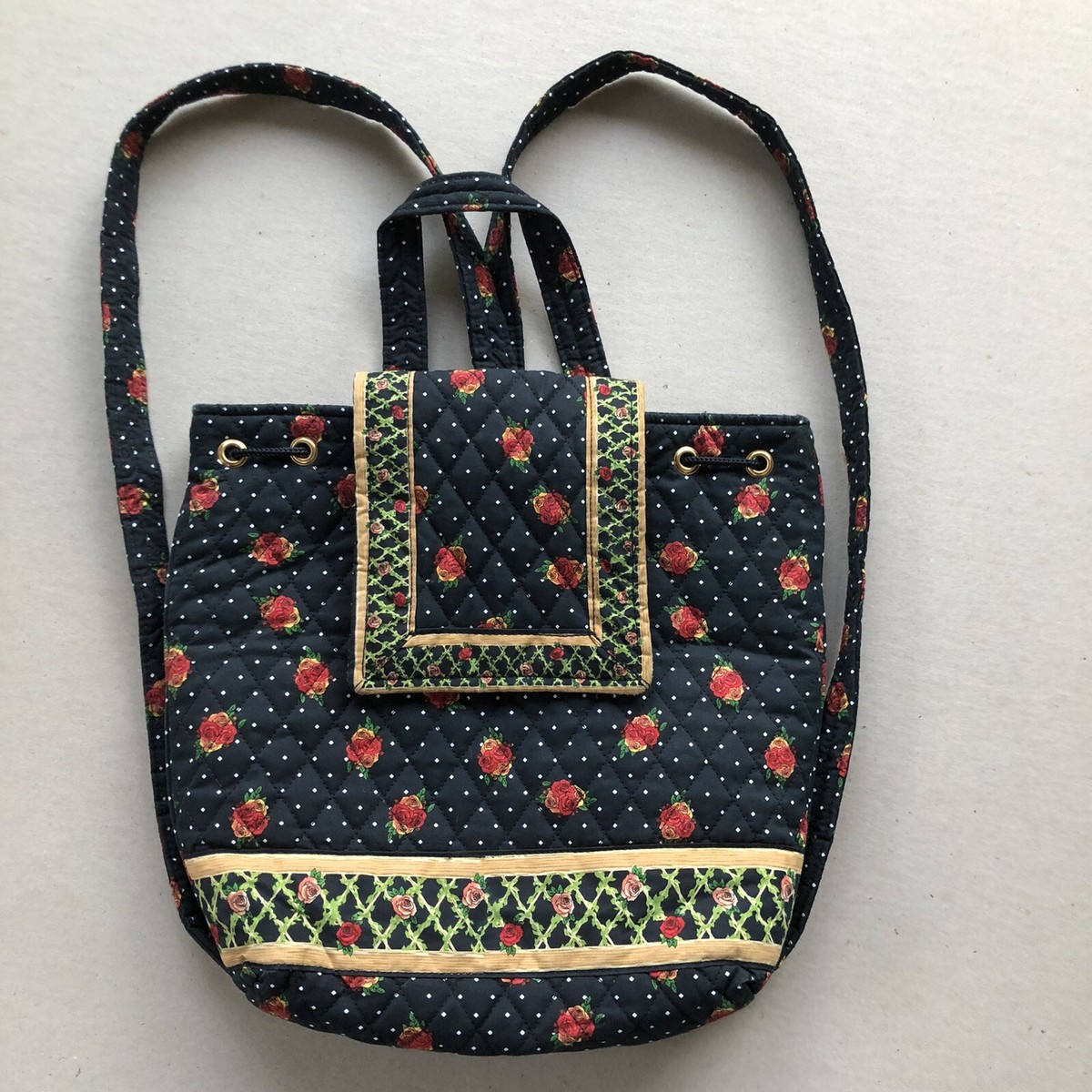 Vintage Vera Bradley Style Quilted Backpack Ivory Floral Drawstring Mimi Flap Vera Bradley MIMI Black Floral Backpack Square Flap  main image 3