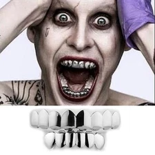 JOKER GRILLZ 8 Teeth Top Bottom Silver Plated Fake Grills for Halloween Costume