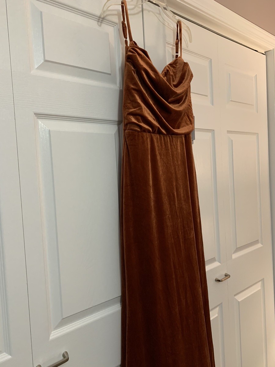velvet cowl neck spaghetti strap bridesmaid dress Spaghetti Straps V Neck Velvet Bridesmaid Dress With Slit main image 0