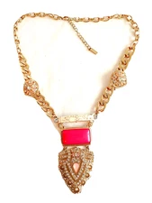 BaubleBar Statement Chunky Necklace Gold Tone Rhinestones & Pink Details #17529