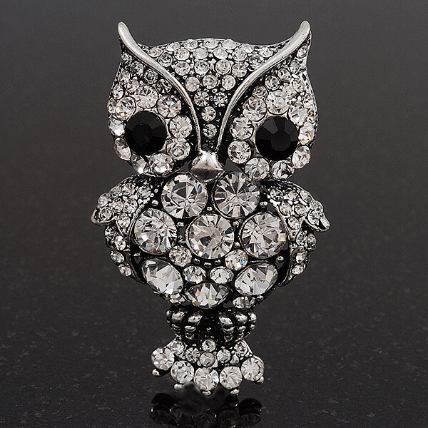 Antique Silver Metal Clear Crystal Owl Brooch