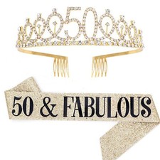 50th Birthday Sash and Rhinestone Tiara Set "50 Fabulous" Gold and Black