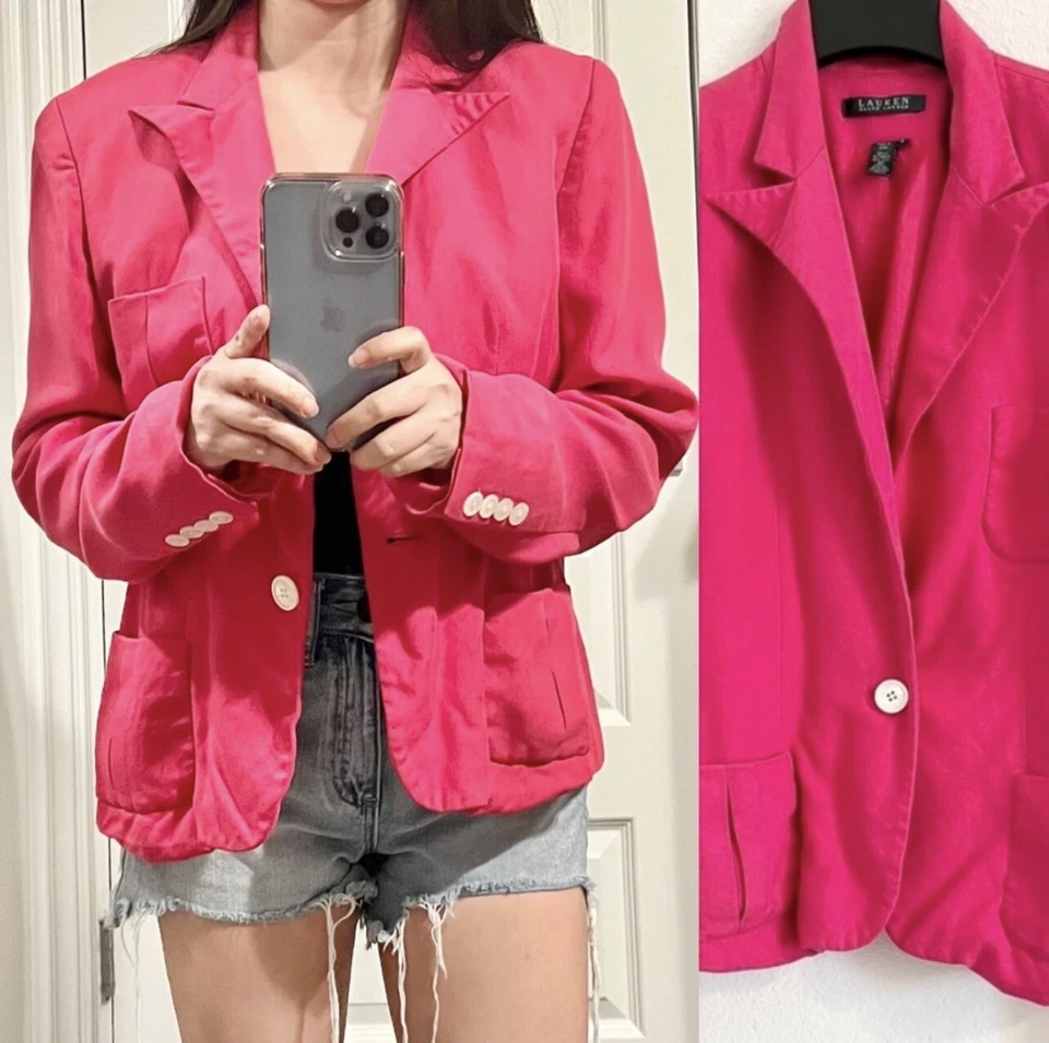 Ralph Lauren 100% Seda Rosa Profundo Forrado Abrigo Chaqueta Foto 2 de 4