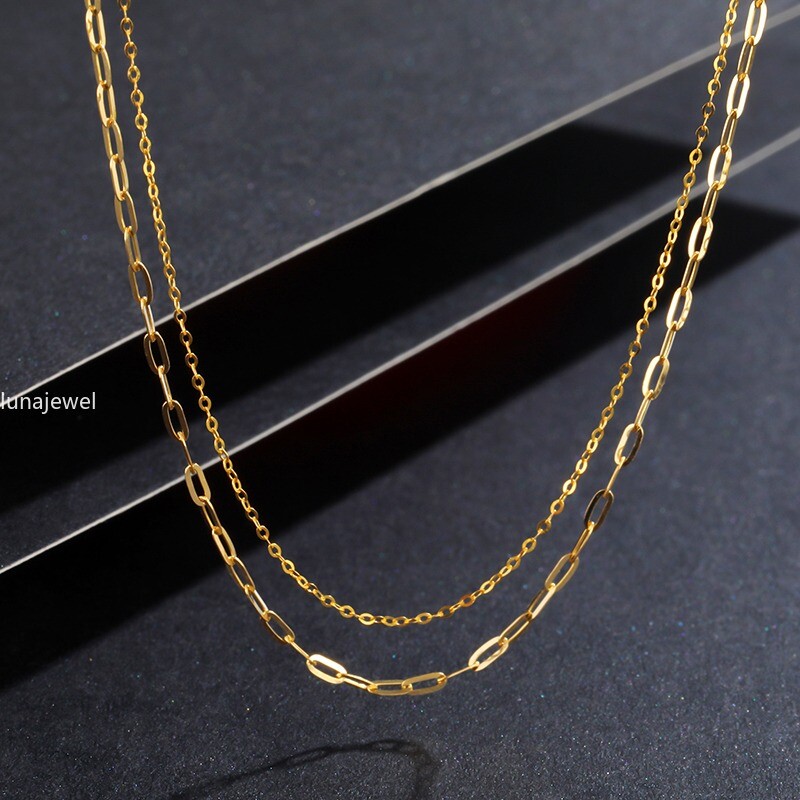 Pure 18K Yellow Gold Double Layer Chain Women O Square Chain