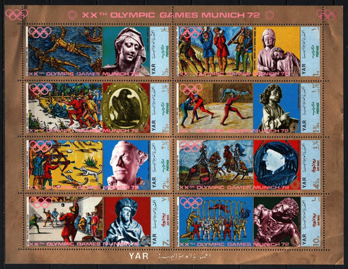 YAR 1970 PAINTINGS/SUMMER OLYMPIC GAMES MUNICH SHEET OF 8 STAMPS SOME BENDS MNH