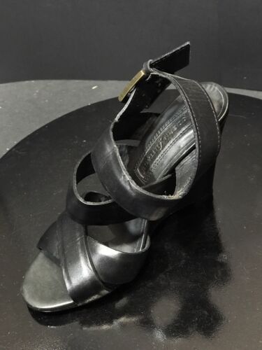 New Modern Vintage Black Leather Wedge Ankle Strap Sandals Size US 6M /  EUR 36 - Picture 1 of 8