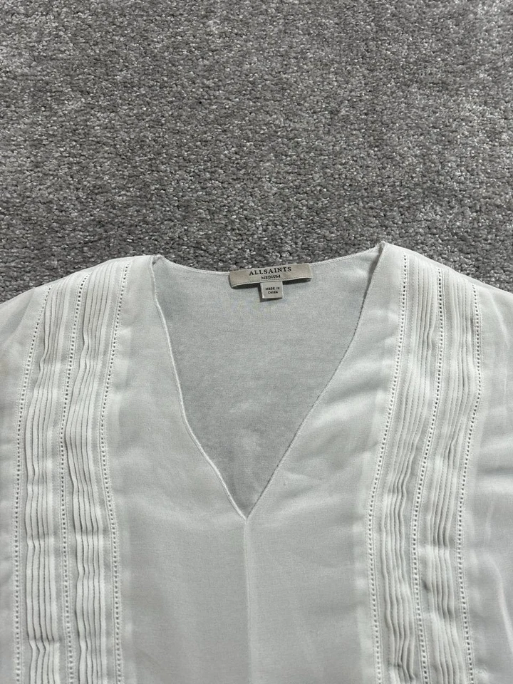 Blusa Top Allsaints Ella Mujer Mediana Blanca Tejida Mini Plisada Cuello en V Informal Foto 3 de 4