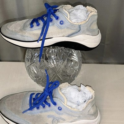 CHANEL Mesh Lycra Gray/Blue Low Top Lace-Up Mesh Sneakers Made in Italy