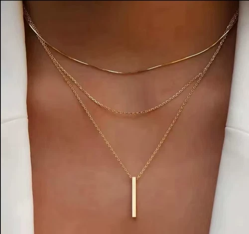 Gold Double Layered Bar Necklace for Women Minimalist Pendant Jewelry - product listing photo