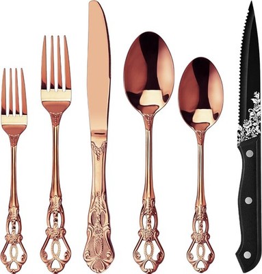 Retro Royal Rose Gold/Copper 48 Pieces Flatware Set, Gorgeous Silverware Set 