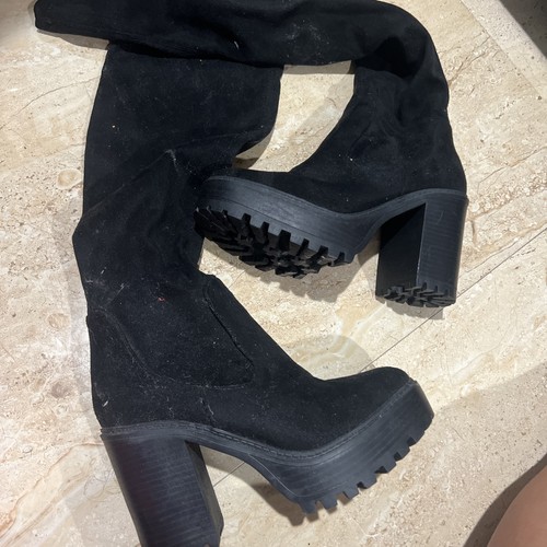 Diba True Luggy Over The Knee Boots Women's 8.5 Black stretch Leather Platform