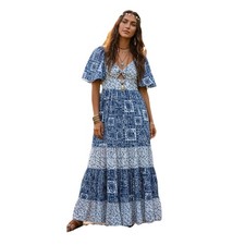 Abercrombie & Fitch Twist Front Tiered Maxi Dress Blue White Cotton Sz M Cottage