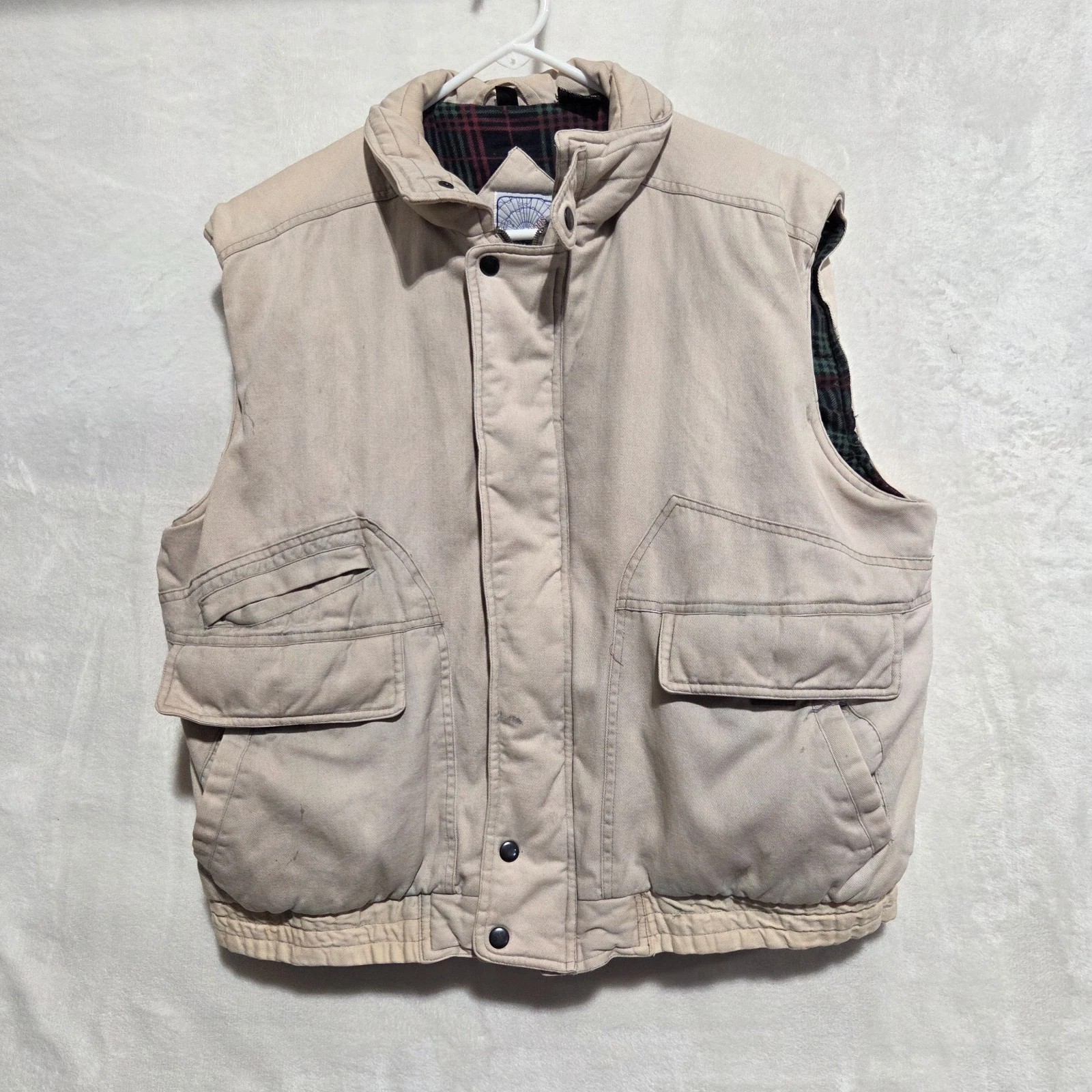 VTG Expeditions Vest Sz XL Tan Brown Plaid Lined Insulated Utility Cargo Grunge