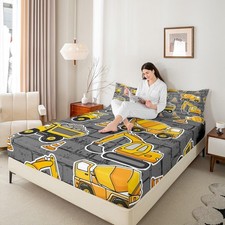 Boys Excavator Bedding Set Twin Size, Tractor Truck Fitted Sheet for Kids Chi...