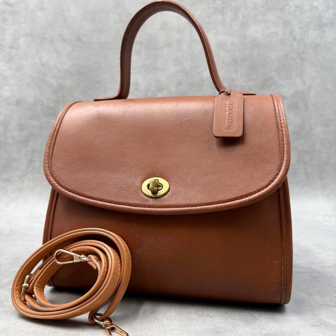 COACH Hand Shoulder Bag Tote Purse 2way Turn Lock Leather Brown Authentic