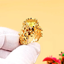 18K Gold-Plated Sterling Silver Citrine Handmade Ring, Statement Jewelry