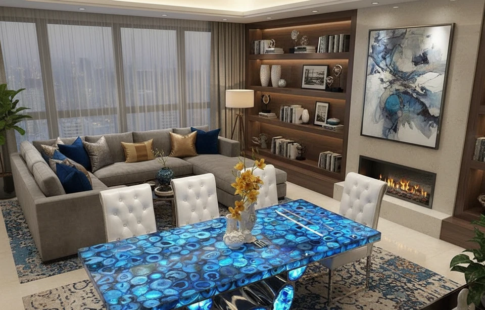 Blue Agate Slab Table Top – Natural Gemstone Center Table, Luxury Interior Decor - Image 3 of 3