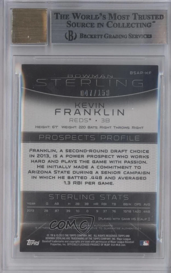 2013 Bowman Sterling Prospect Refractor /150 Kevin Franklin BGS 9 MINT Auto - Image 2 of 2