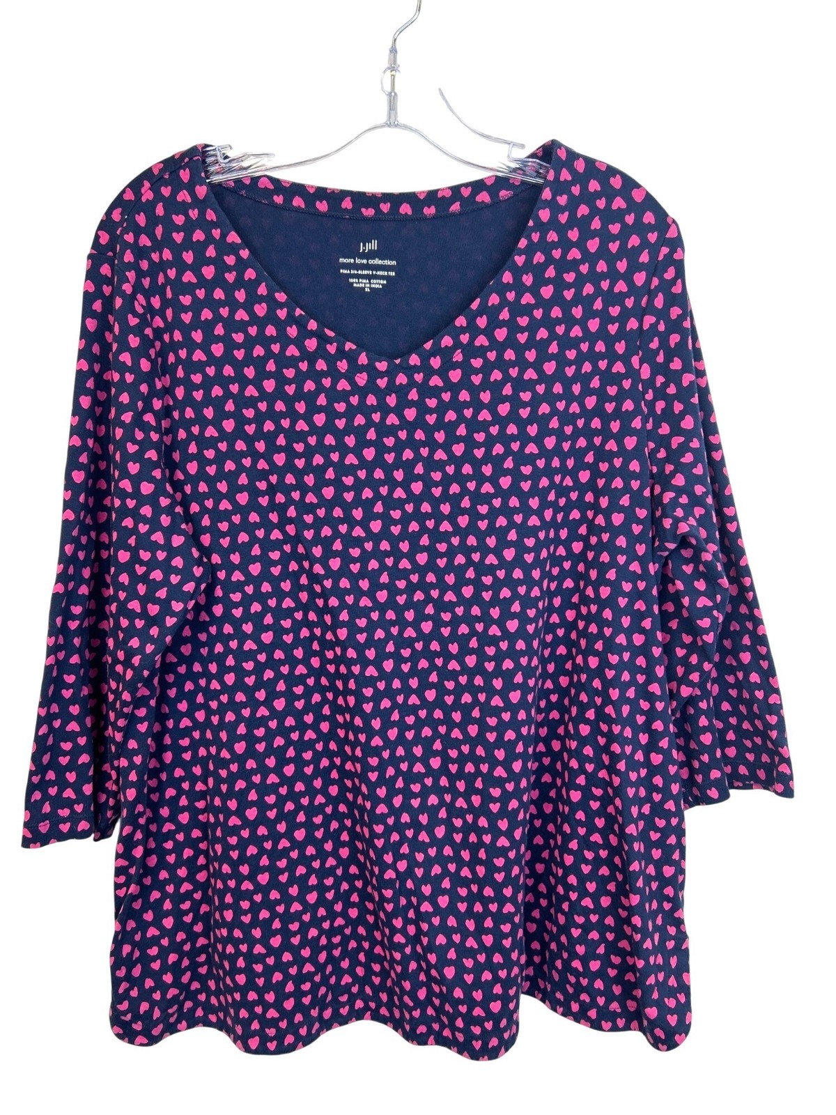 J. Jill Navy & Pink Heart Print Pima Cotton 3/4 Sleeve V-Neck Tee Top XL