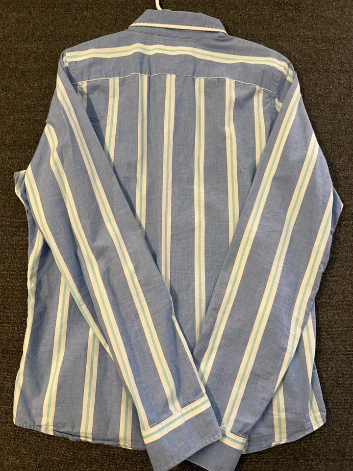 Camisa Hollister California Para Hombres Manga Larga Botón Azul, Blanco Rayas Talla XL Foto 2 de 4