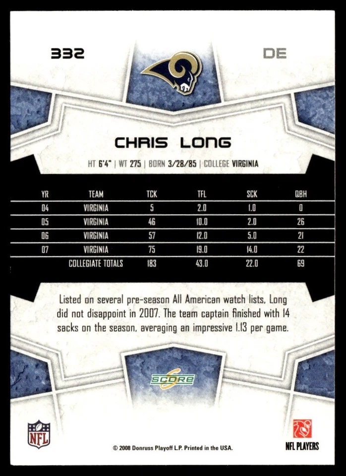 2008 Score Super Bowl XLIII Blue Chris Long Rookie St. Louis Rams #332 - Image 2 of 2