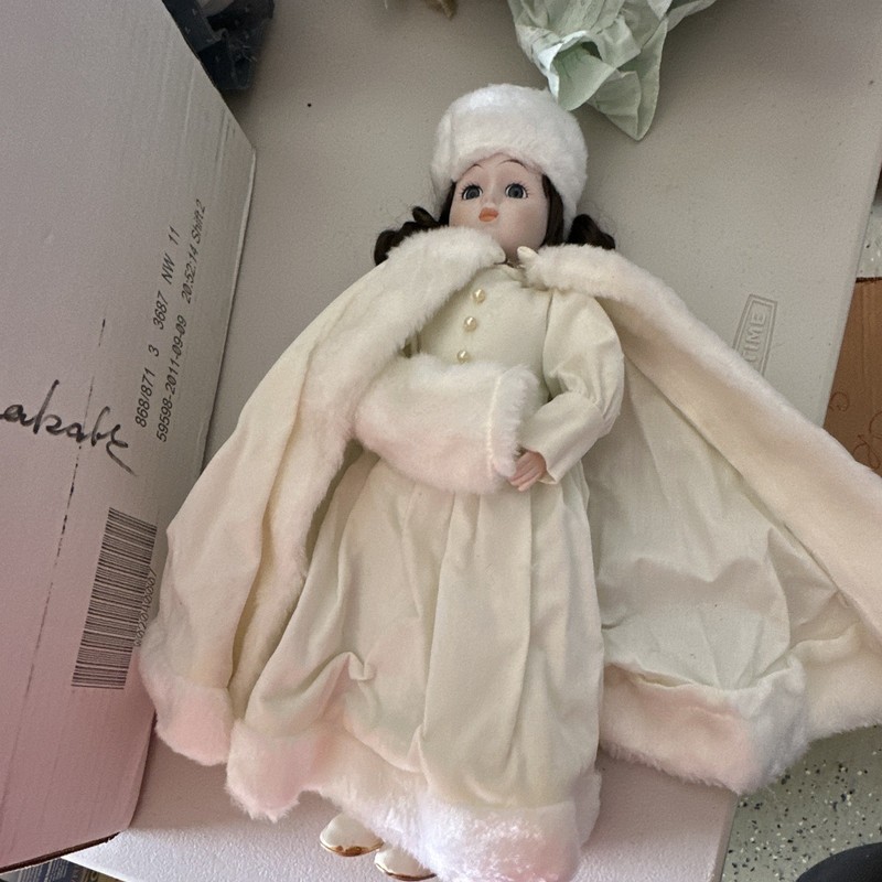 House of Lloyd 1988 Porcelain Girl Doll Brown Eyes Curly Hair White Fur Trim