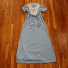 Vtg 1970s Baby Blue Lace Trim Prairie Maxi Dress Puff Sleeve Cottagecore XS/S