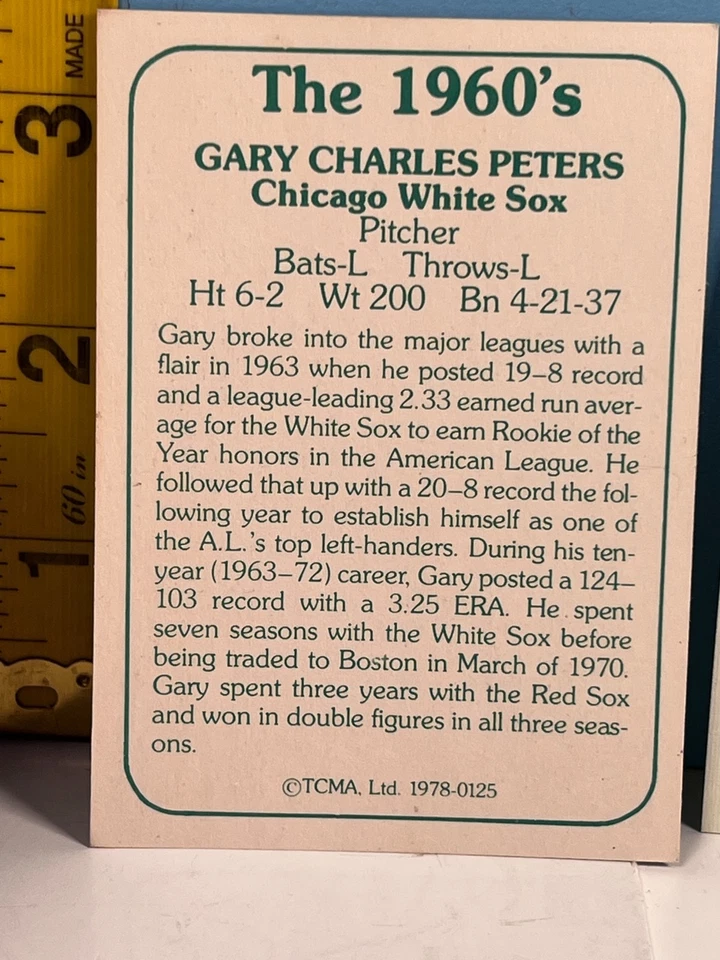 Tarjeta de béisbol 1978 TCMA GARY PETERS CHICAGO WHITE SOX autografiada con certificado de autenticidad Foto 2 de 3