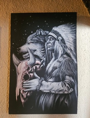Wanddeko mit Indianer & Wolfmotiv 60 x 90 cm Dekoration Little Big Horn Muster