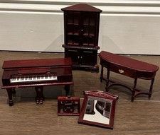 1:12 Wooden Dolls House Furniture Set, Piano, Cabinet, Table & Mirror – Mahogany