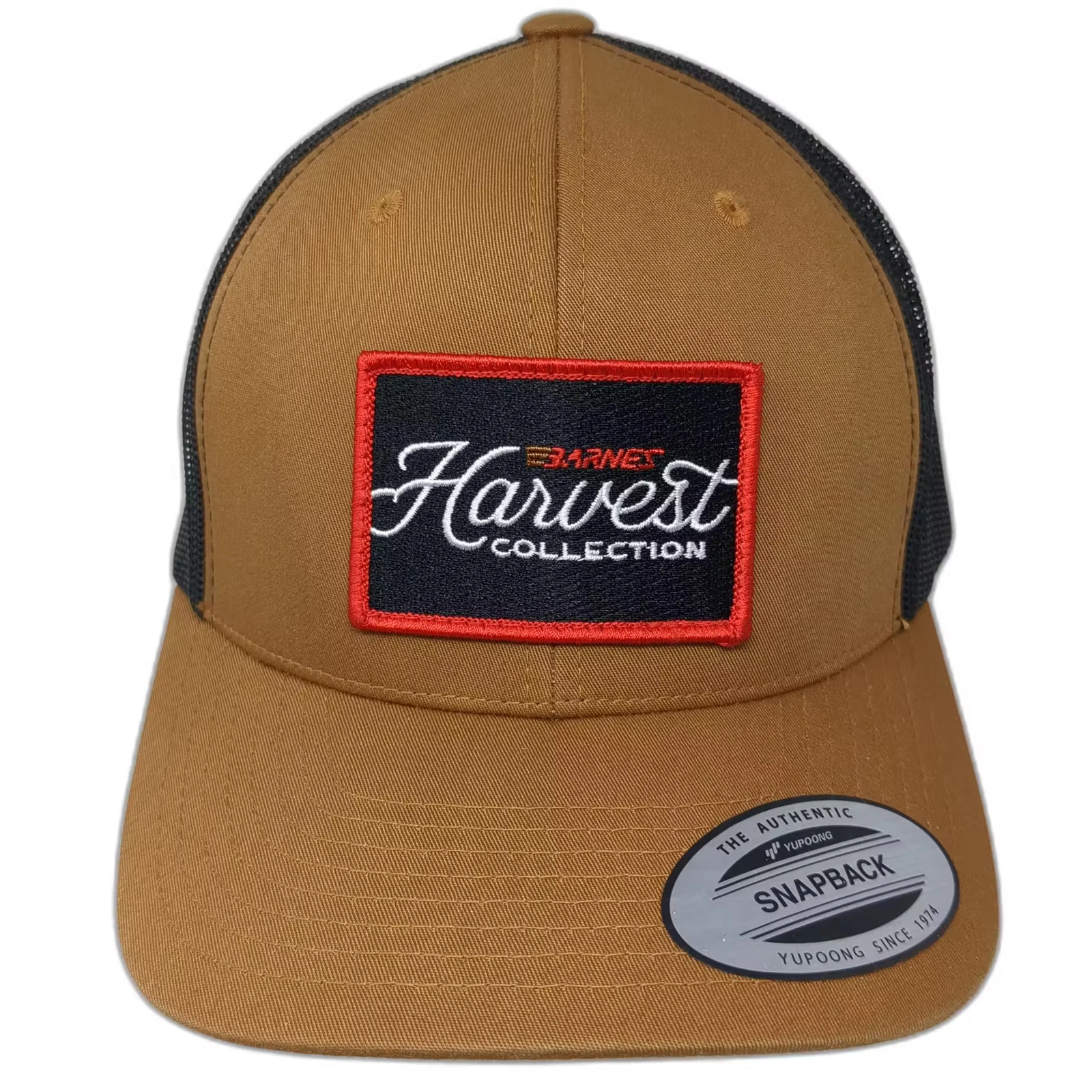 Yupoong Trucker Hat Brown Black Mesh Snapback OS Harvest Collection Barnes Patch