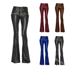 Sexy Damen Fashion Gothic Punk Hose PU Lederhose Reißverschluss Schlaghosen