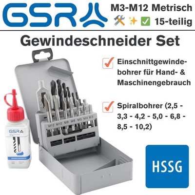 GSR Gewindebohrer 15tlg Spiralbohrer Gewindeschneider Set + Gewindeschneidmittel